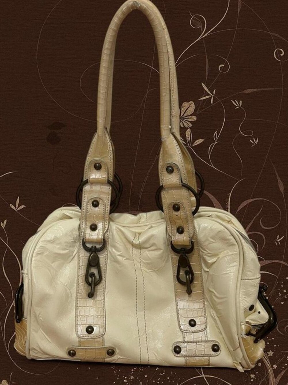 Cream y2k vegan leather handbag with gold accents